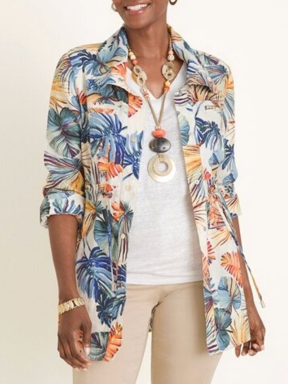 Chico's | Linen Tropical Print Longline Jungle Palms Utility Jacket Size 16/18